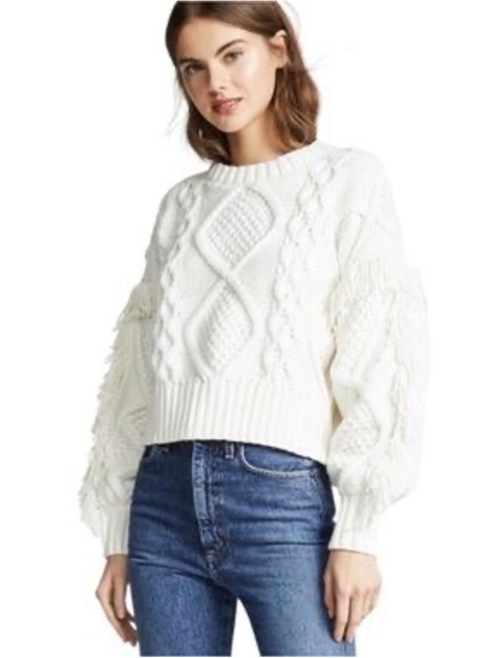 Industry Jasper Cable Knit Fringe Sweater White Womens Size M Bohemian Indie
